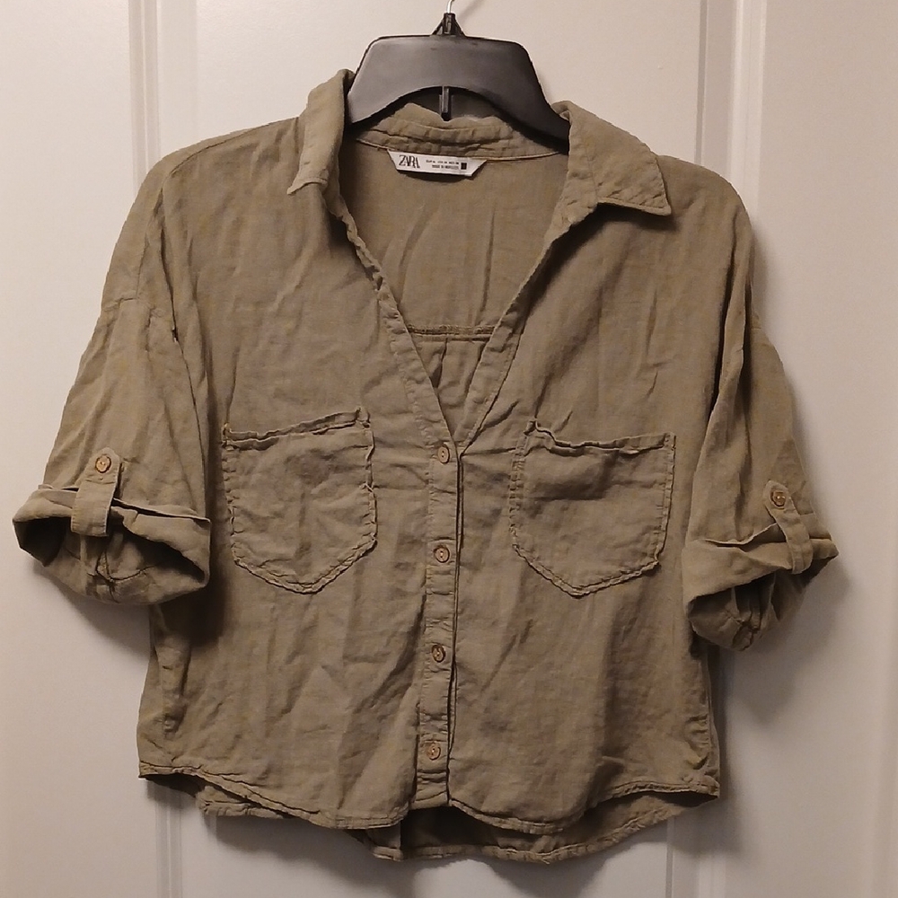 Zara Olive Cropped Button-up Top